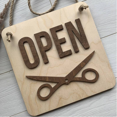 Табличка  Open - closed подвесная из дерева для барбершопа парикмахерской  Вывеска деревянная двусто