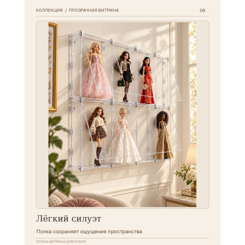 Витрина настенная для кукол Барби и аниме фигурок из оргстекла 128×68×13 см, 10 ячеек