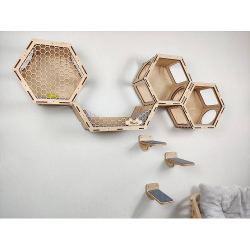 Игровой комплекс для кошек настенный ступенька 1 шт для кошки  Цвет натуральное дерево  Полки и лесницы из набора Соты