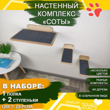 Игровой комплекс для кошек настенный лежак 1 шт ступеньки 2 шт для кошки  Цвет натуральное дерево  Полки и лесницы настенные