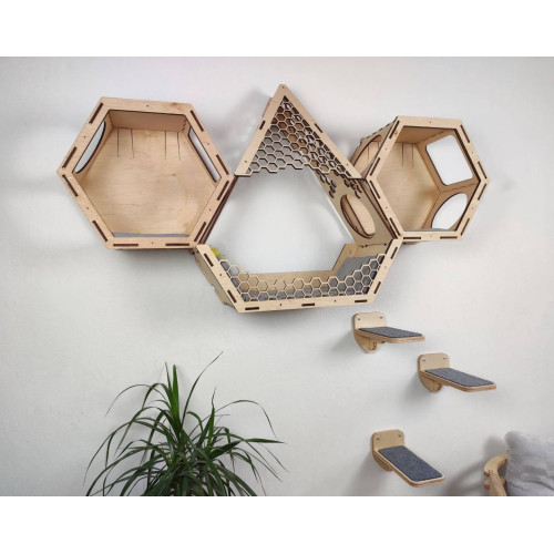 Игровой комплекс настенный лежанка и домик из дерева для кошки