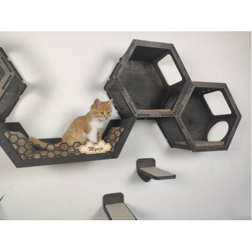 Игровой комплекс настенный лежанка и домик из дерева для кошки