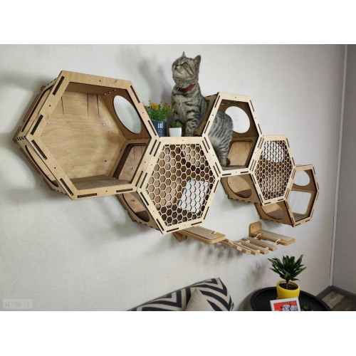 Игровой комплекс настенный лежанка и домик из дерева для кошки