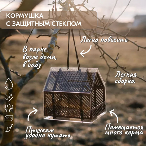 Кормушка для птиц с защитным стеклом  25х25х22см Деревянная  Подвесная