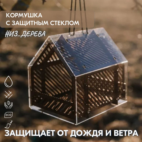 Кормушка для птиц с защитным стеклом  25х25х22см Деревянная  Подвесная